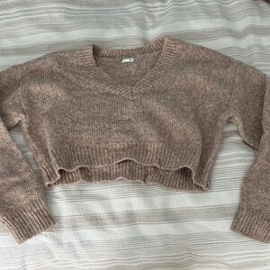 Cozy Brown Cropped Garage V-Neck Sweater
